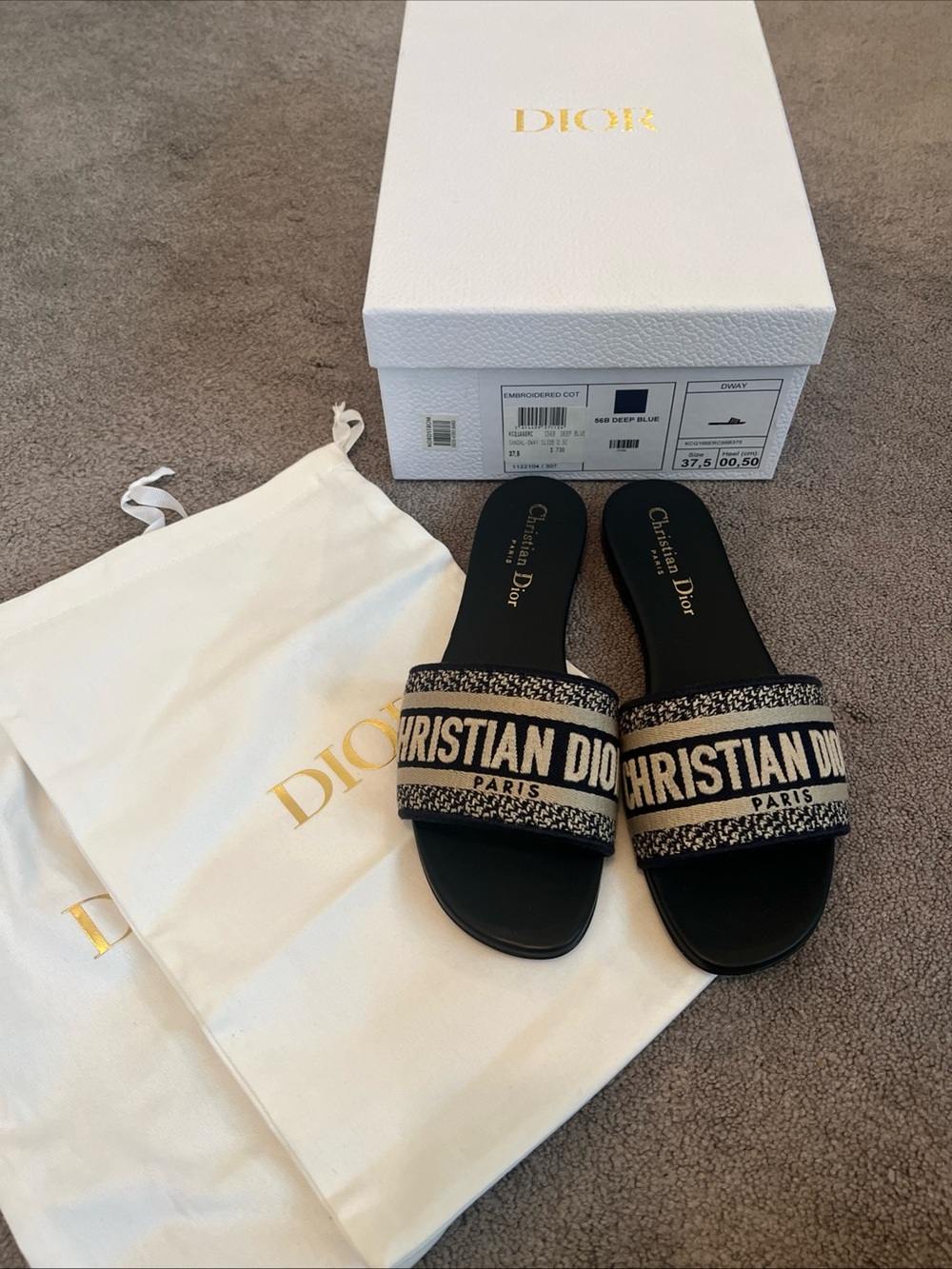 Christian Dior Dway Deep Blue Embroidered Cotton Heeled Slides EU37.5 US 7.5
